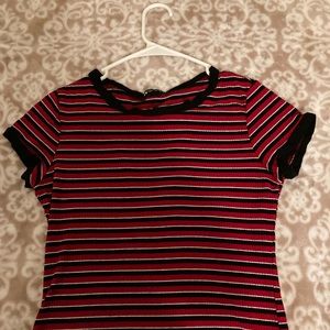 Black red and white striped shirt.